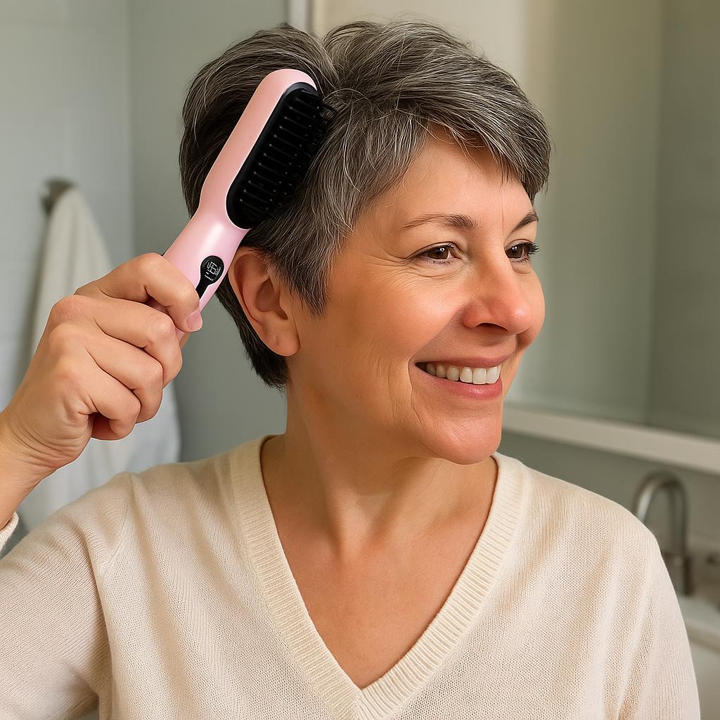 Vrouw met grijs kort haar gebruikt de Lumi in Blush roze