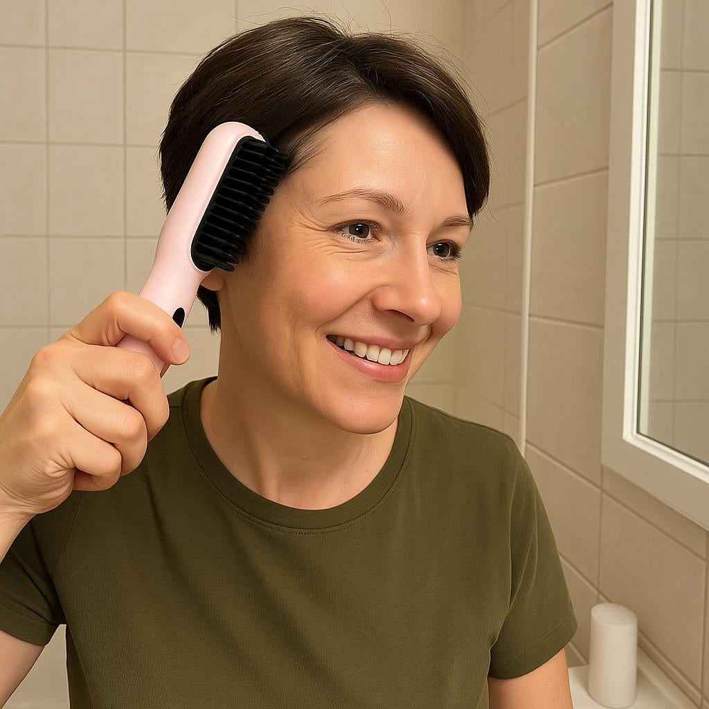 Vrouw borstelt haar korte haar met de Lumi in Blush roze
