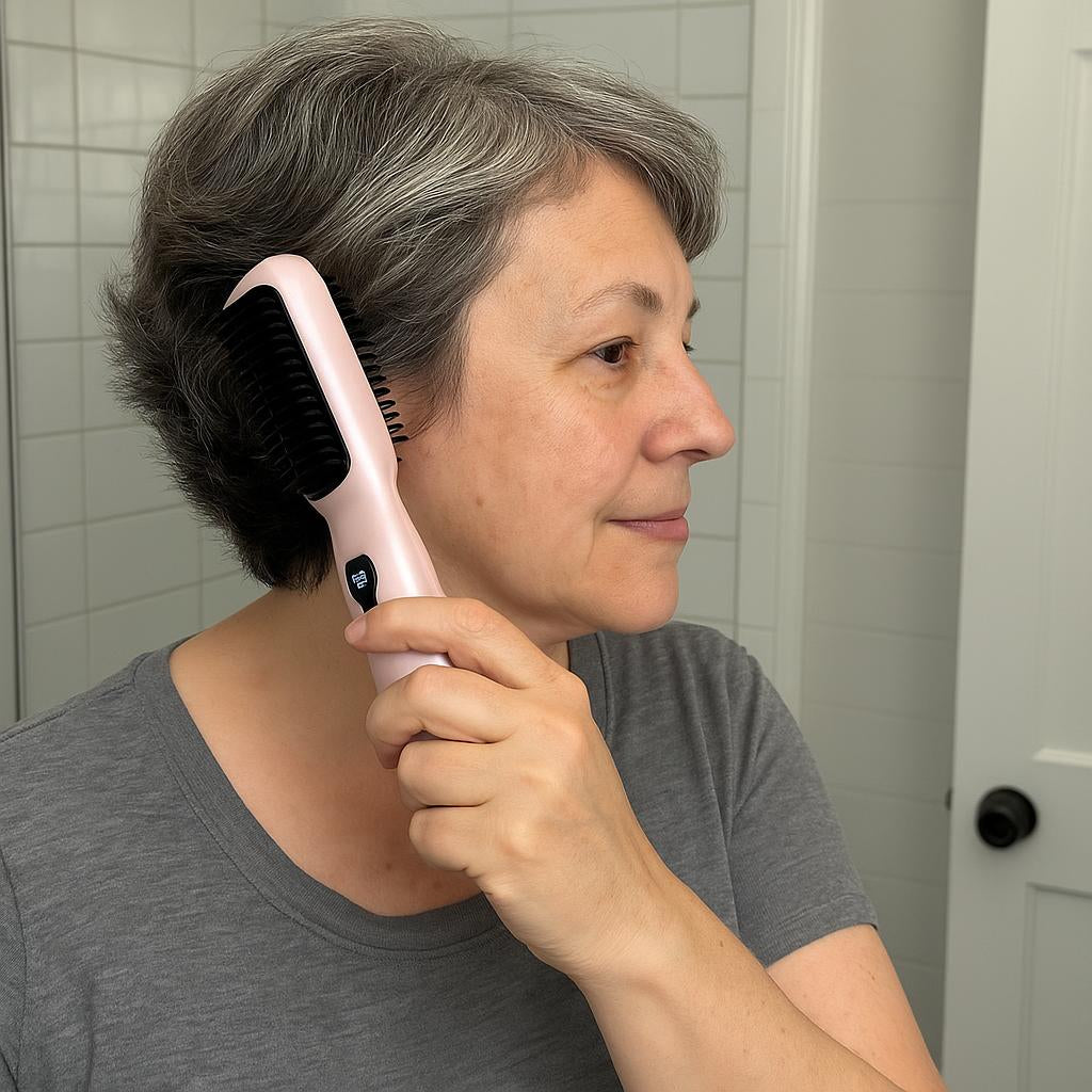 Vrouw met grijs haar gebruikt de Lumi in Blush roze