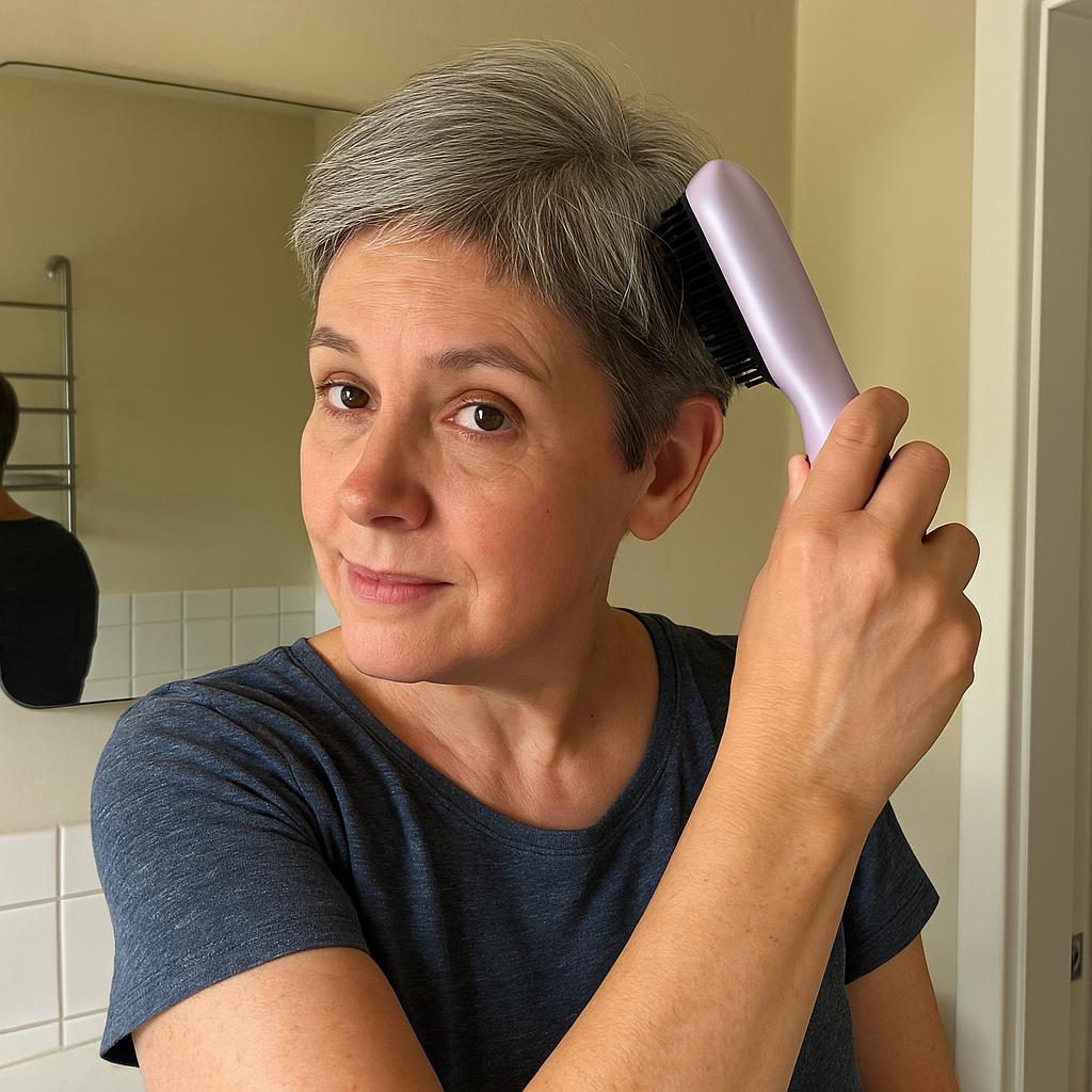 Vrouw met kort grijs haar en de Lumi in Lila