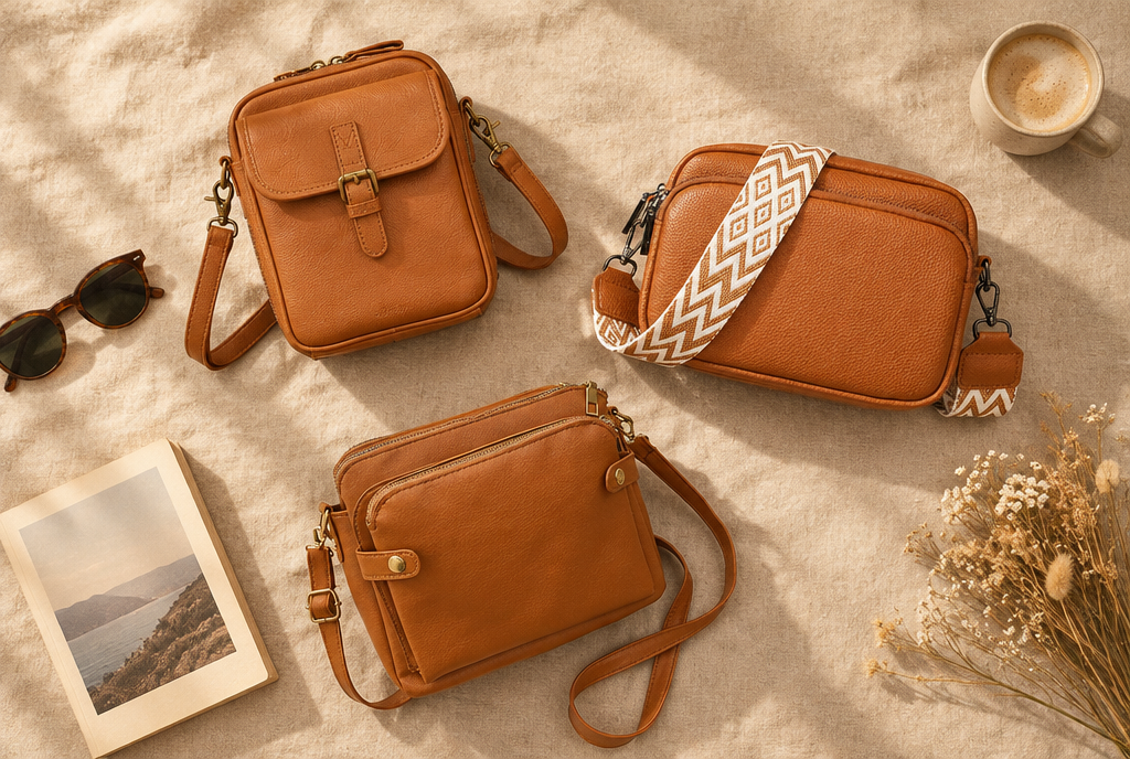 Drie Carriely tassen in cognac