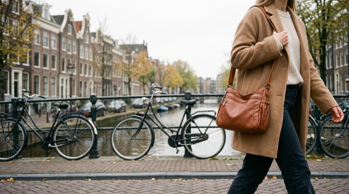 Vrouw met cognac leren schoudertas langs een Amsterdamse gracht