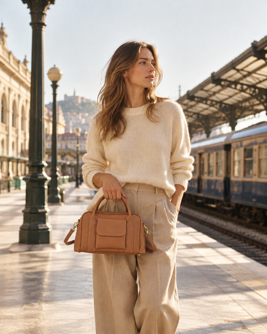 Vrouw met Phoebe handtas op een treinstation