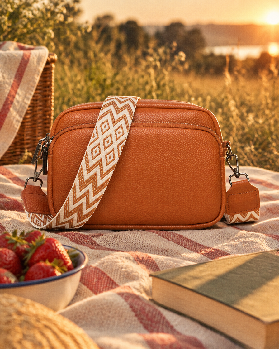 Nemesis Crossbody Tas in cognac – op een picknickkleed