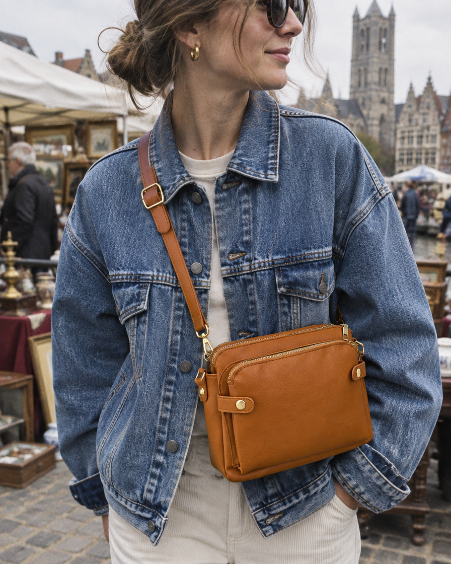 Bali Crossbody Tas in cognac – gedragen