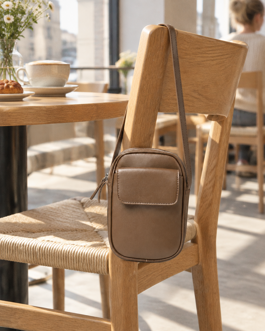 Aphrodite Crossbody Tas in koffiebruin – aan een stoel