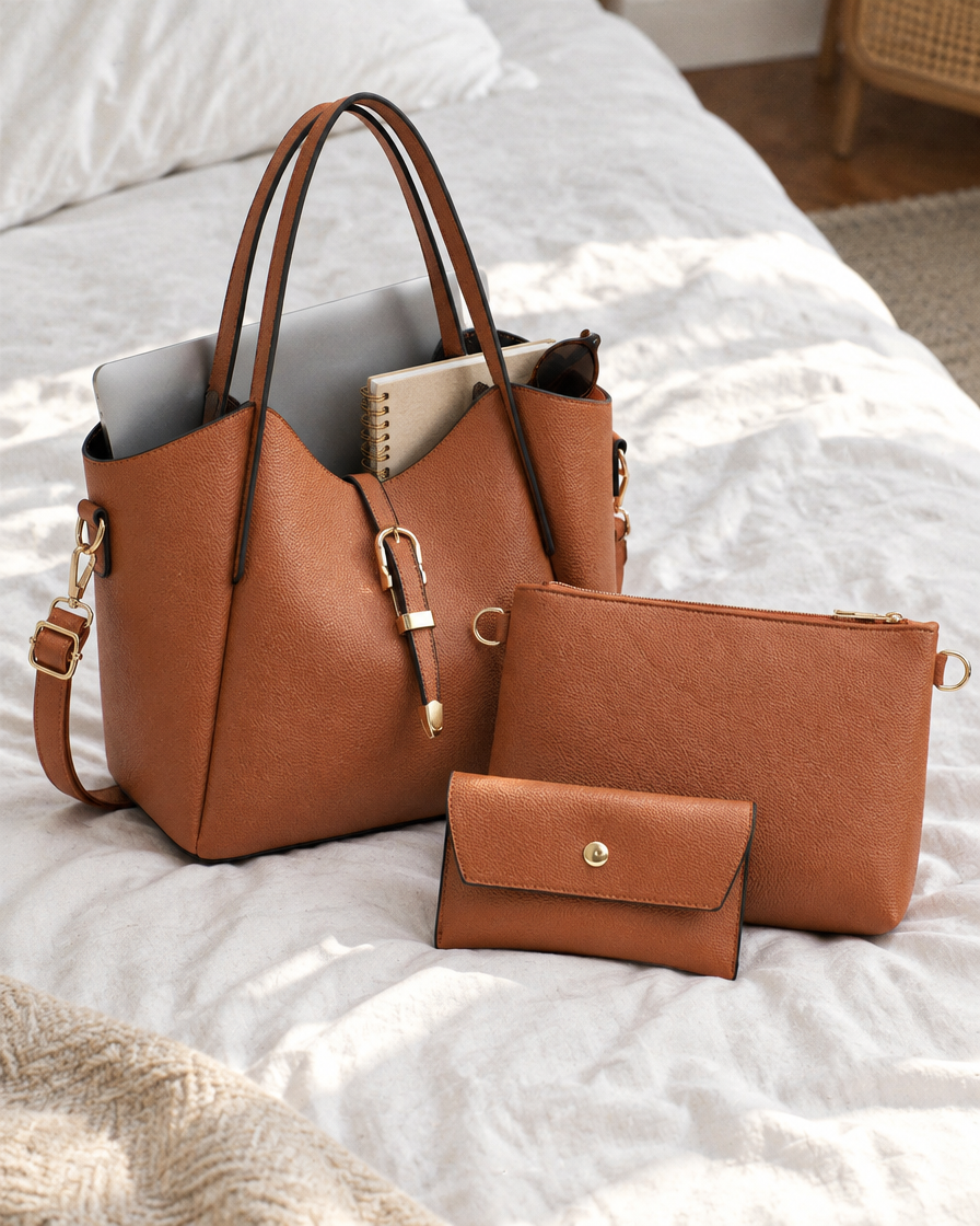 Hera Tote Bag Set in cognac – alle drie de delen