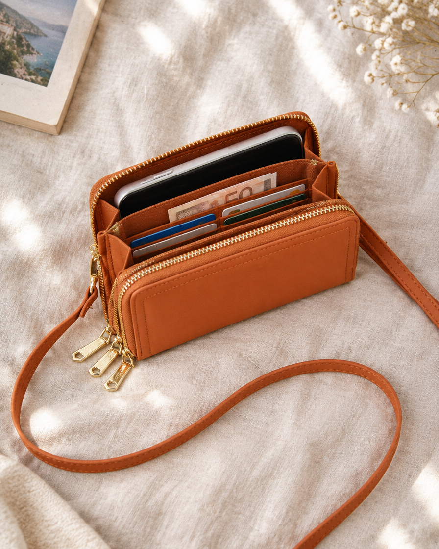 Bali Crossbody Portemonnee in cognac – met pasjes
