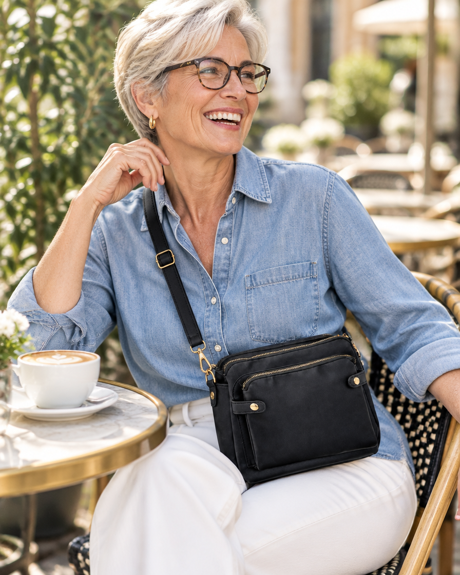 Bali crossbody tas zwart gedragen op een terras