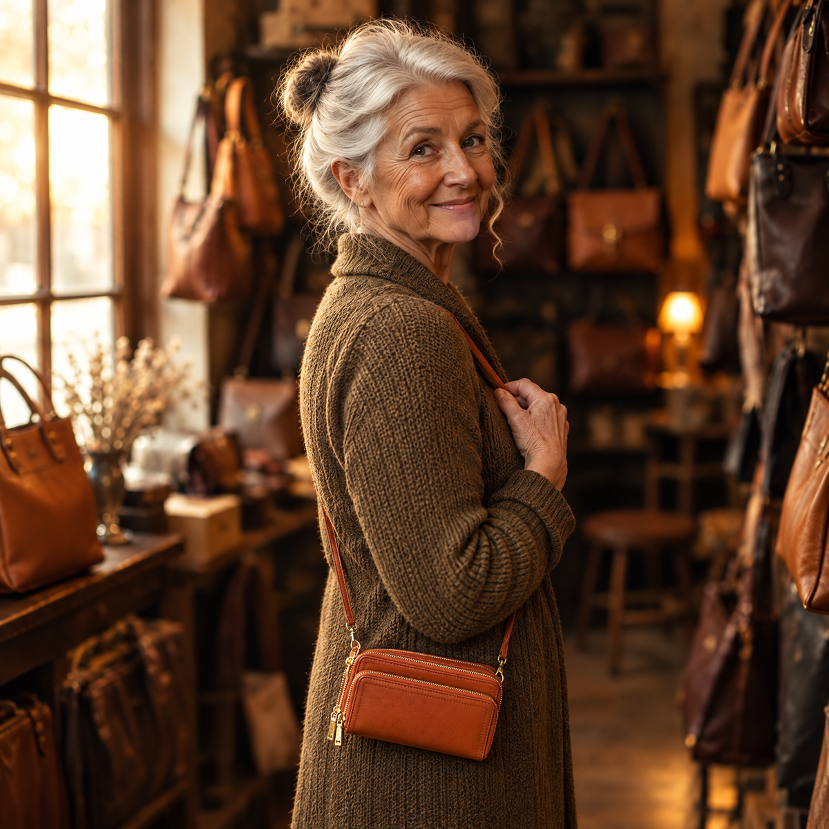 Bali Crossbody Portemonnee in cognac – gedragen in de winkel