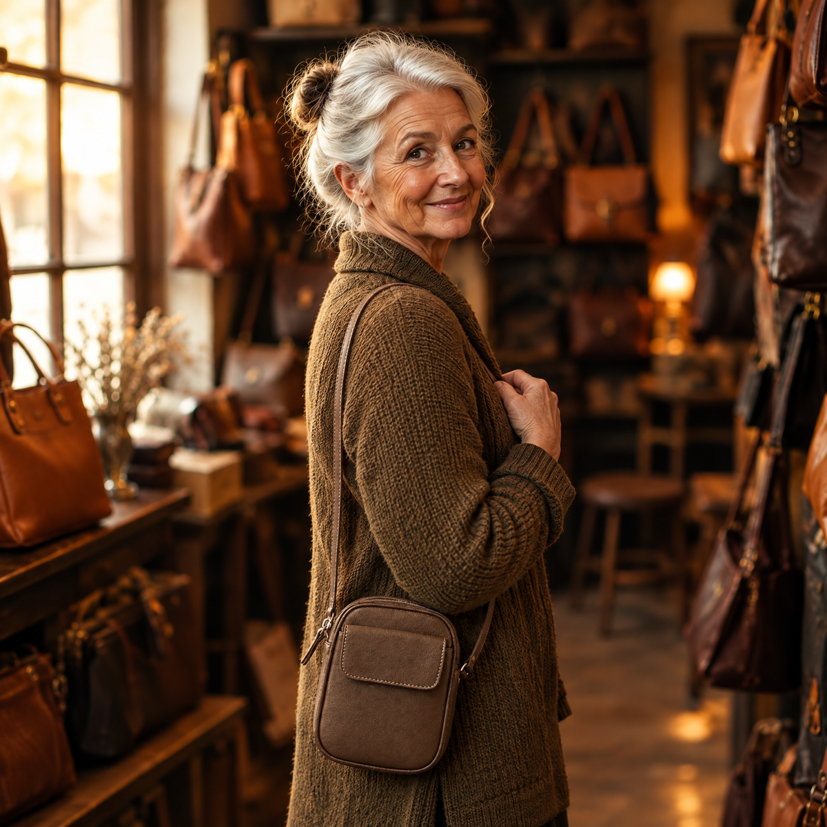 Aphrodite Crossbody Tas in koffiebruin – gedragen in de winkel