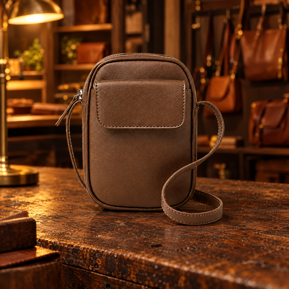 Aphrodite Crossbody Tas in koffiebruin – op een houten tafel