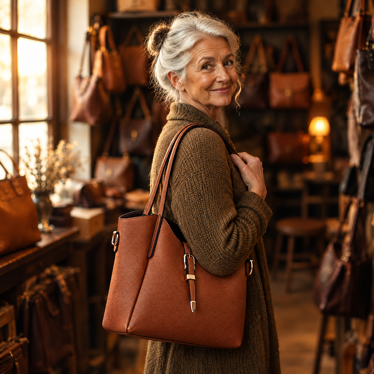 Hera Tote Bag Set in cognac – gedragen in de winkel