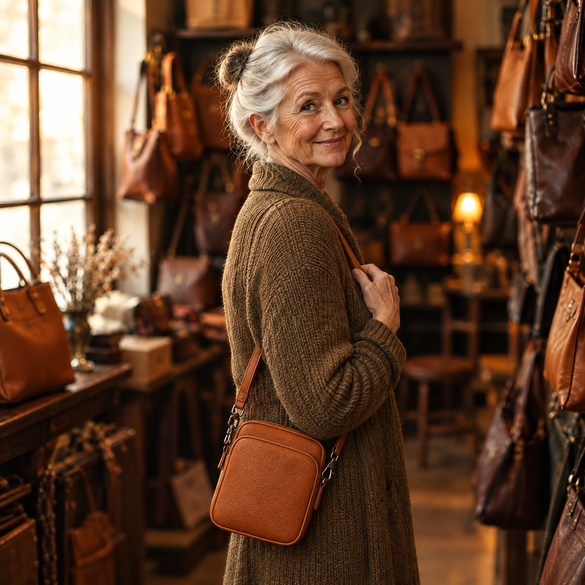Hebe Crossbody Tas in cognac – gedragen in de winkel