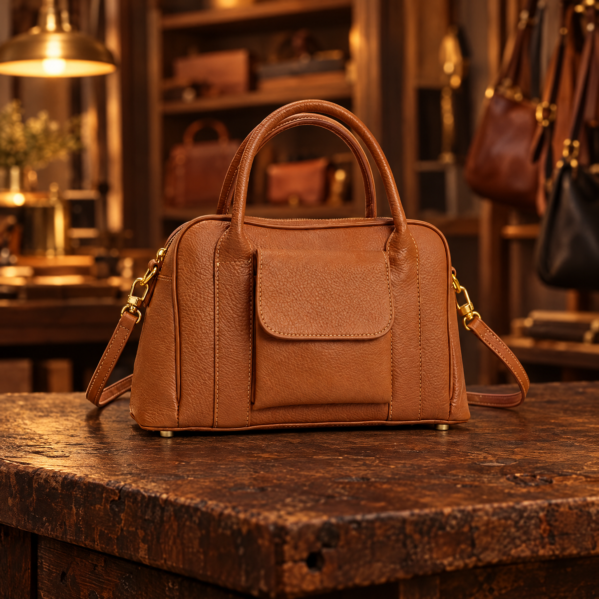 Phoebe Leren Handtas in cognac – op een houten tafel