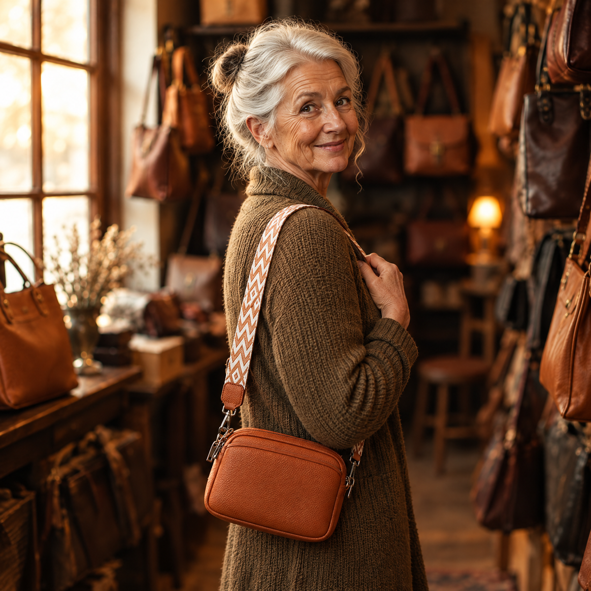 Nemesis Crossbody Tas in cognac – gedragen in de winkel