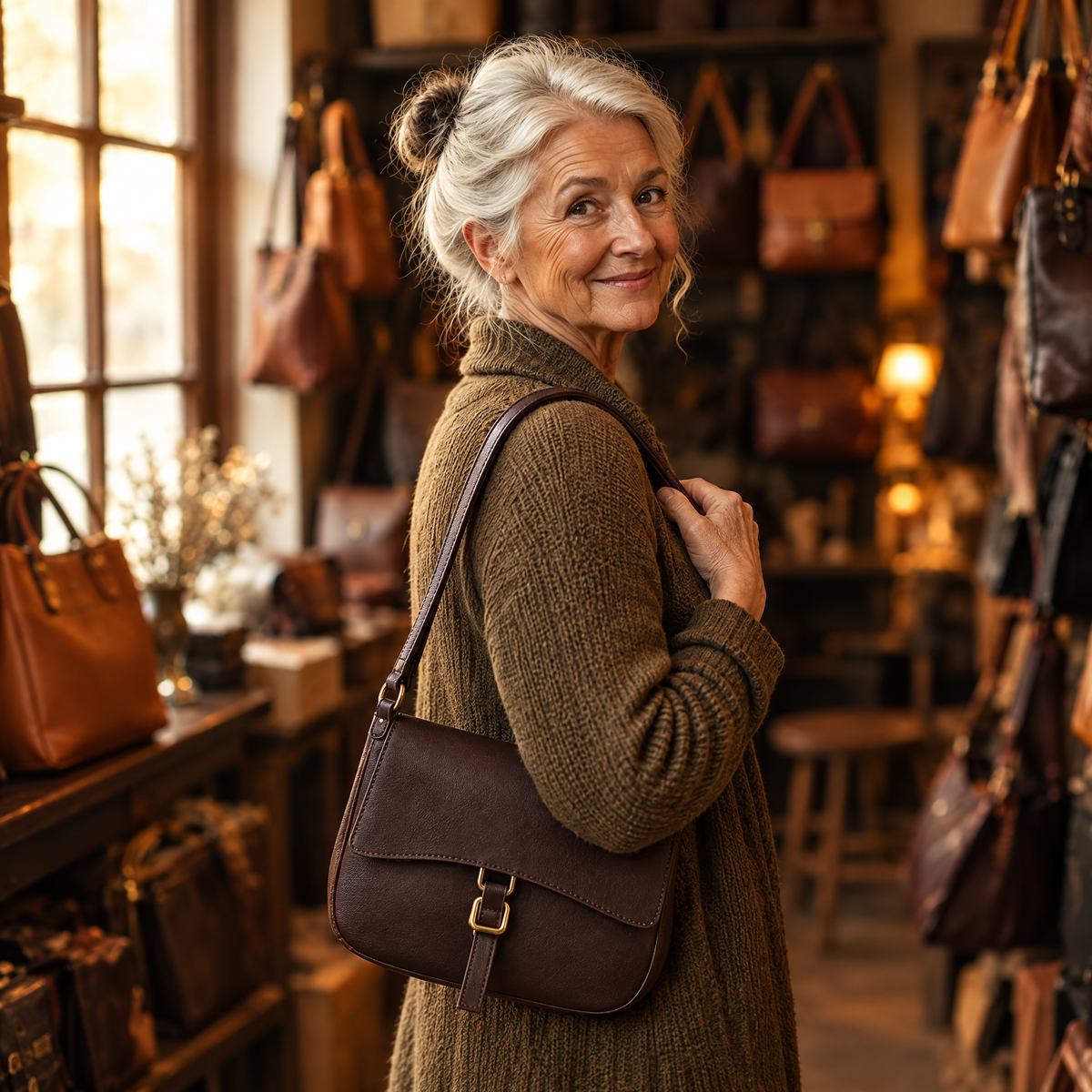 Thalia Schoudertas in donkerbruin – gedragen in de winkel