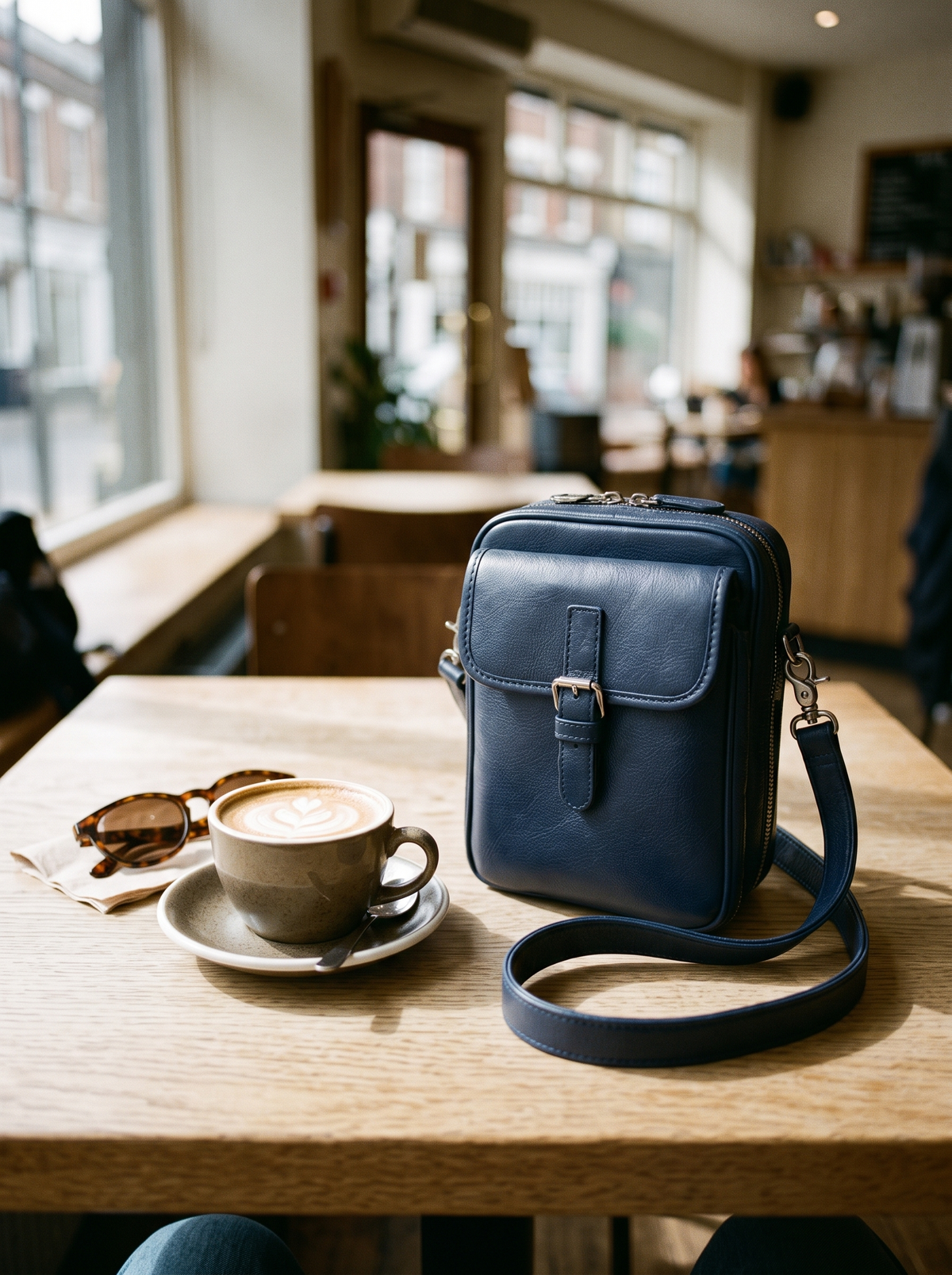 Naya Crossbody Tas, blauw, op tafel