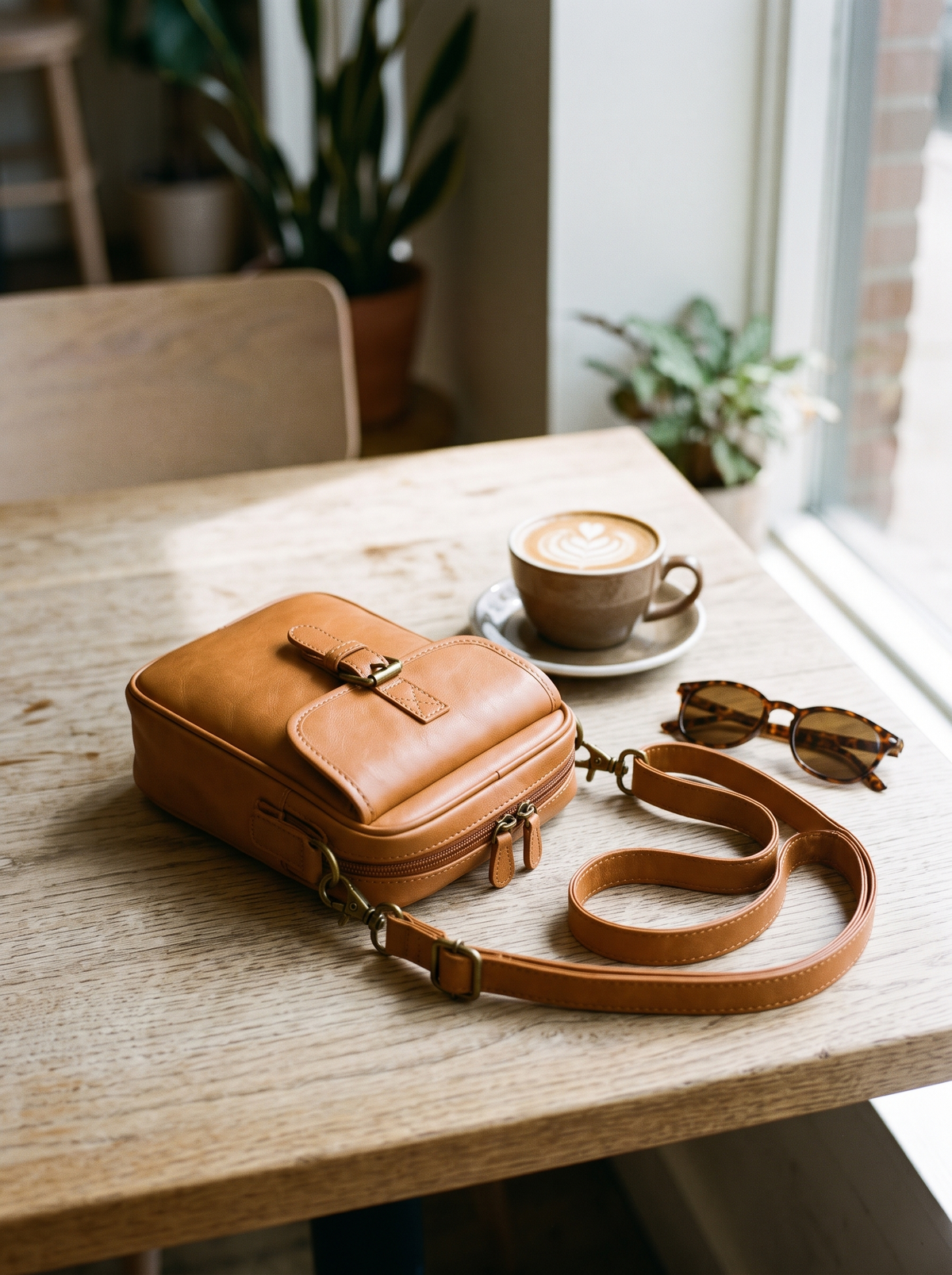 Naya Crossbody Tas, cognac, op tafel