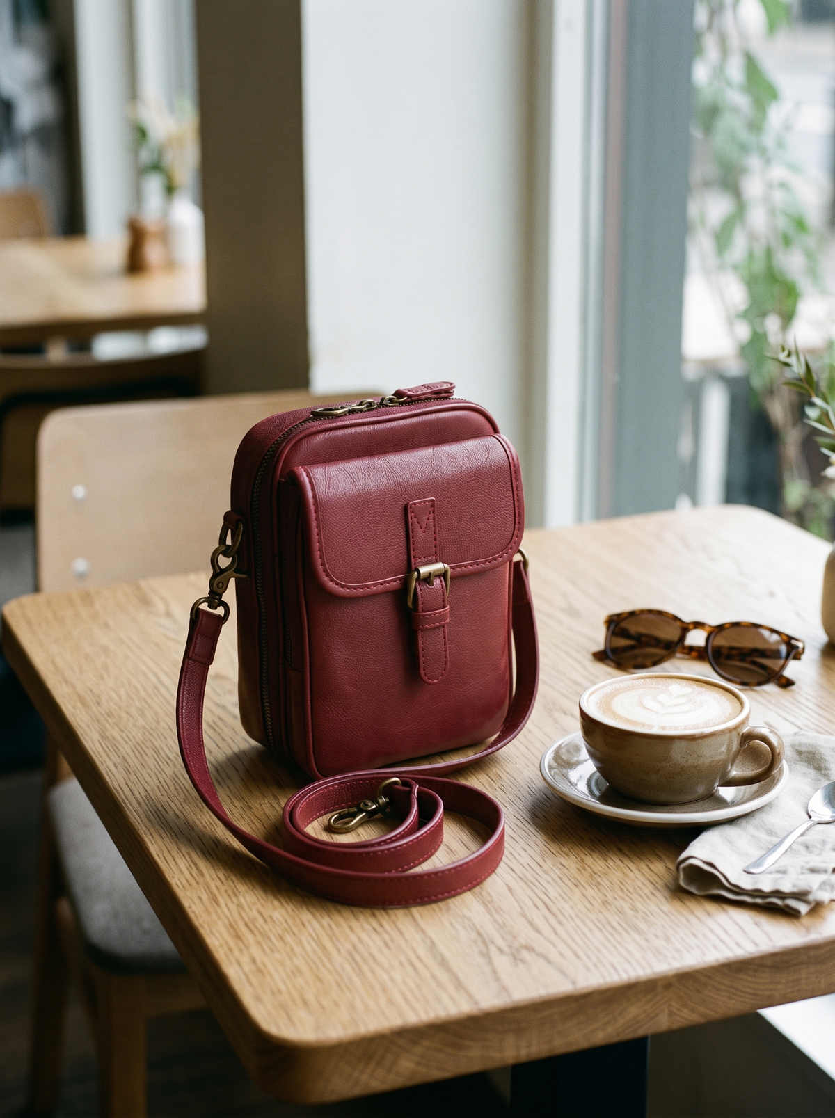 Naya Crossbody Tas, bordeaux, op tafel
