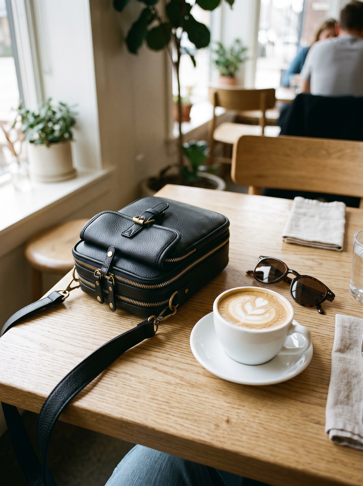 De Ruimste Crossbodytas, zwart, op tafel