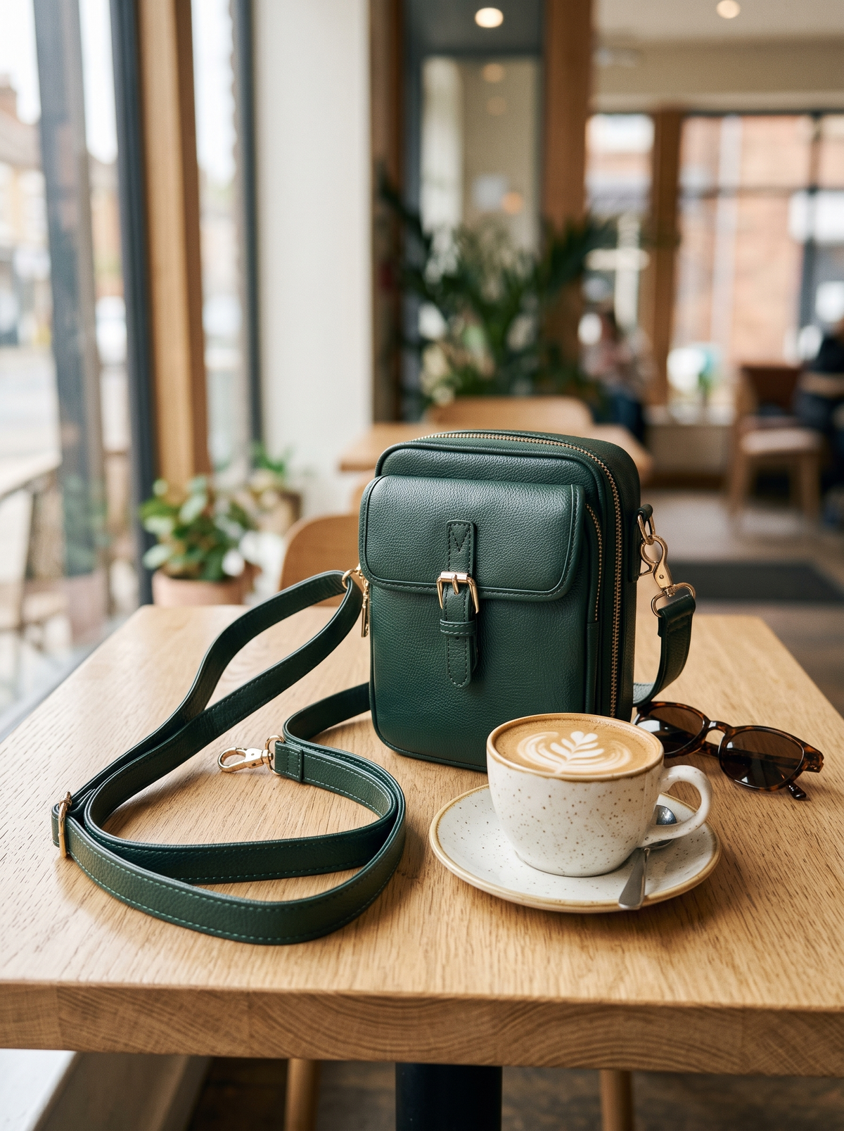 De Ruimste Crossbodytas, groen, op tafel