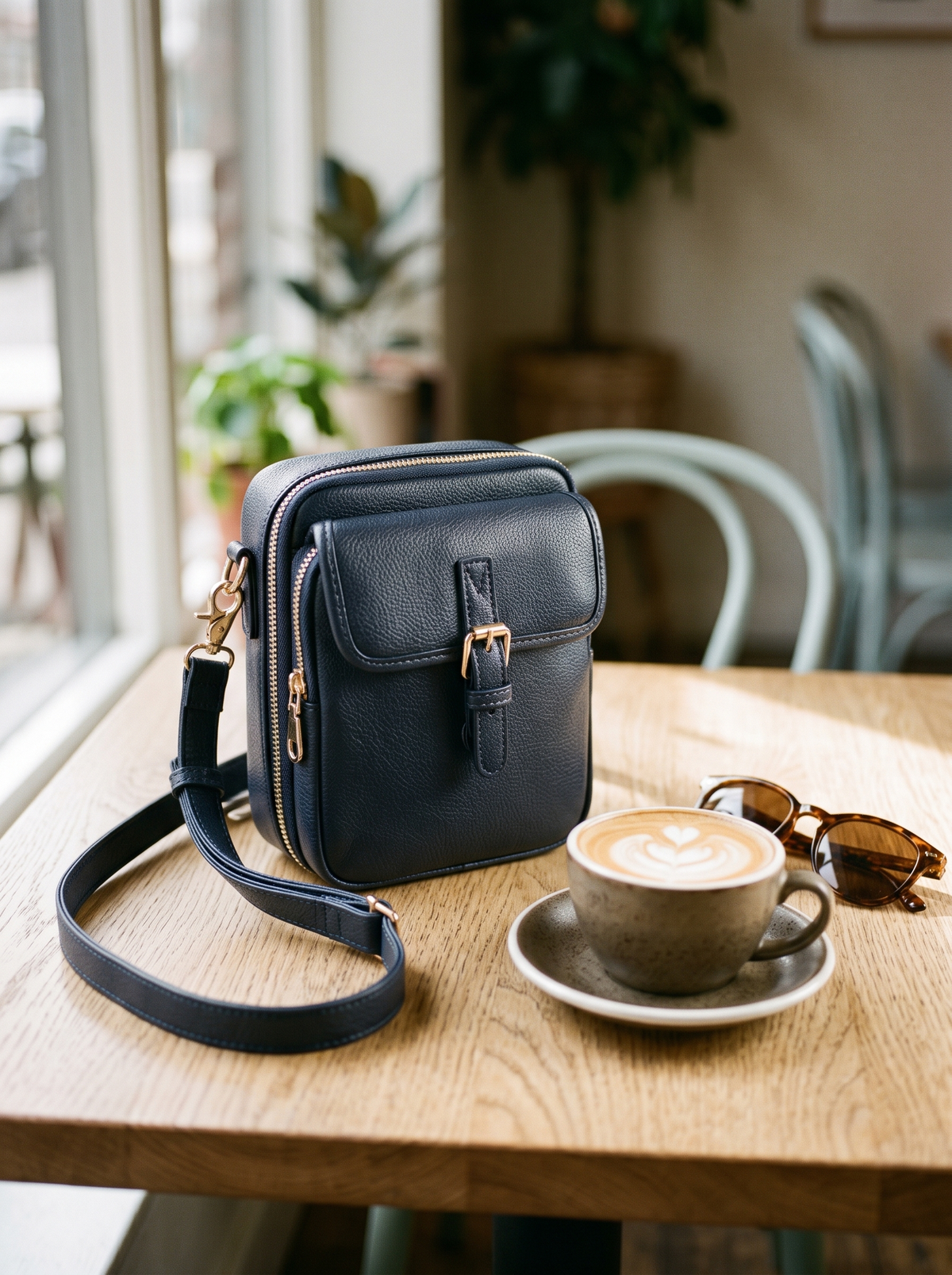 De Ruimste Crossbodytas, marineblauw, op tafel