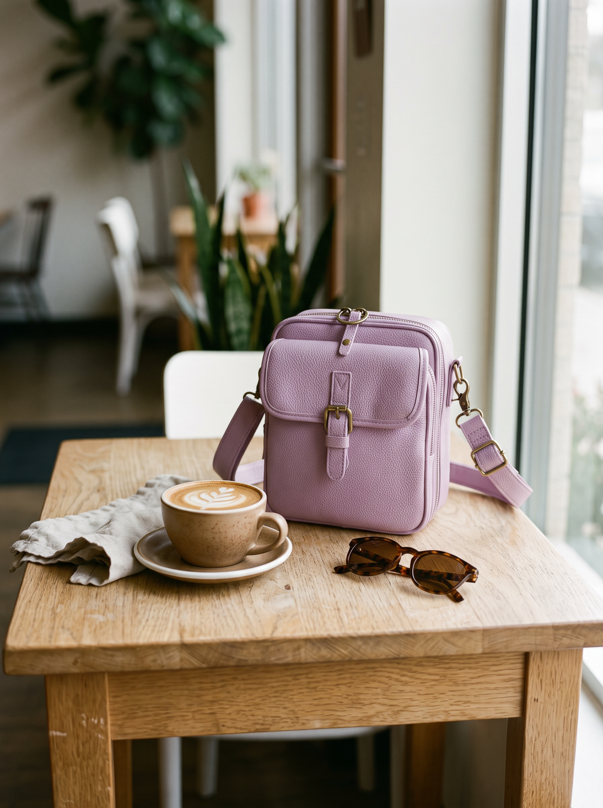 De Ruimste Crossbodytas, roze, op tafel
