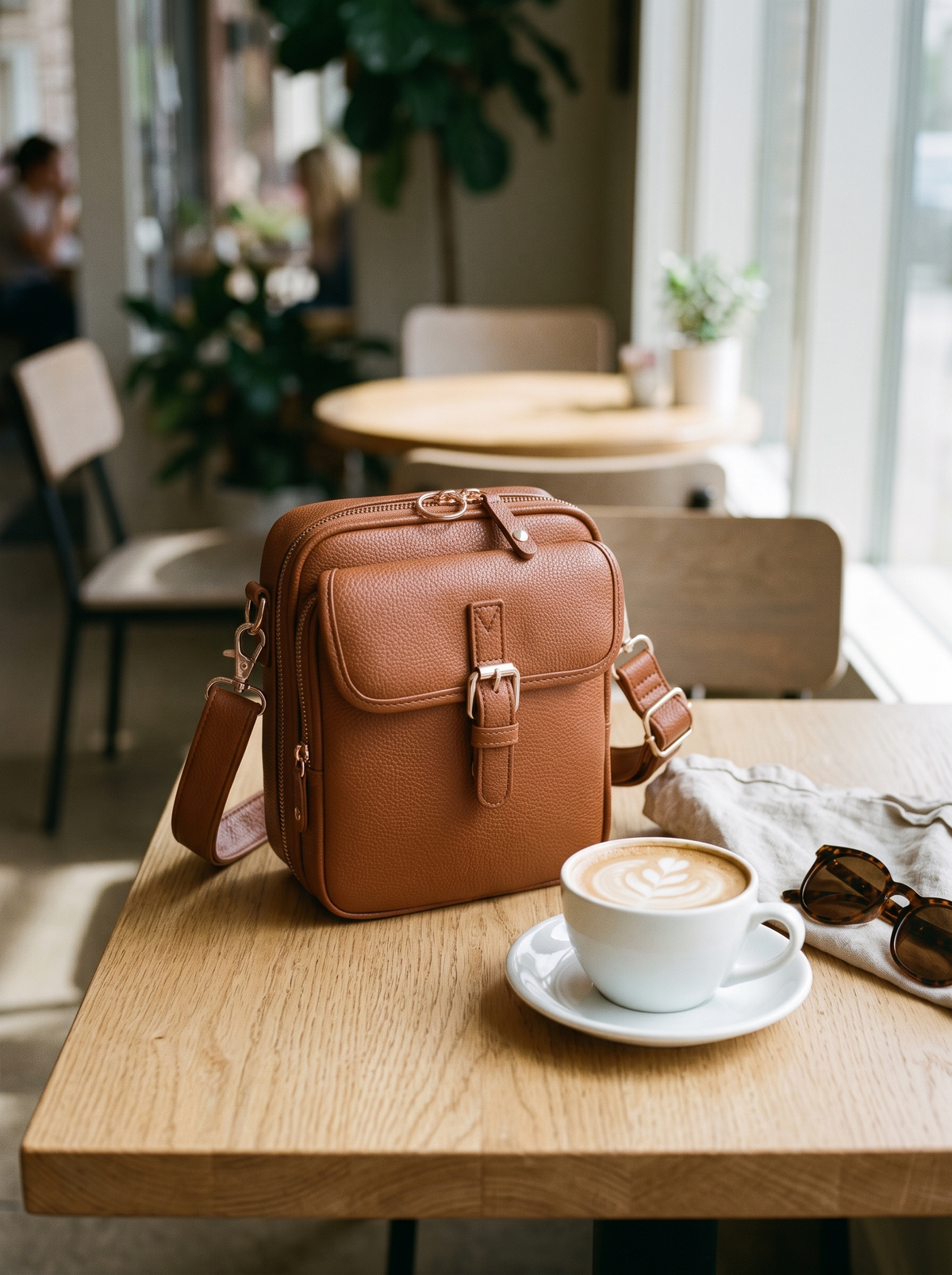 De Ruimste Crossbodytas, cognac, op tafel