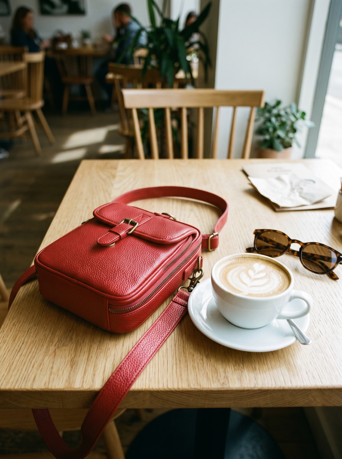 De Ruimste Crossbodytas, rood, op tafel