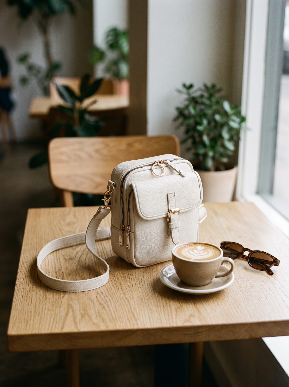 De Ruimste Crossbodytas, ivoor, op tafel