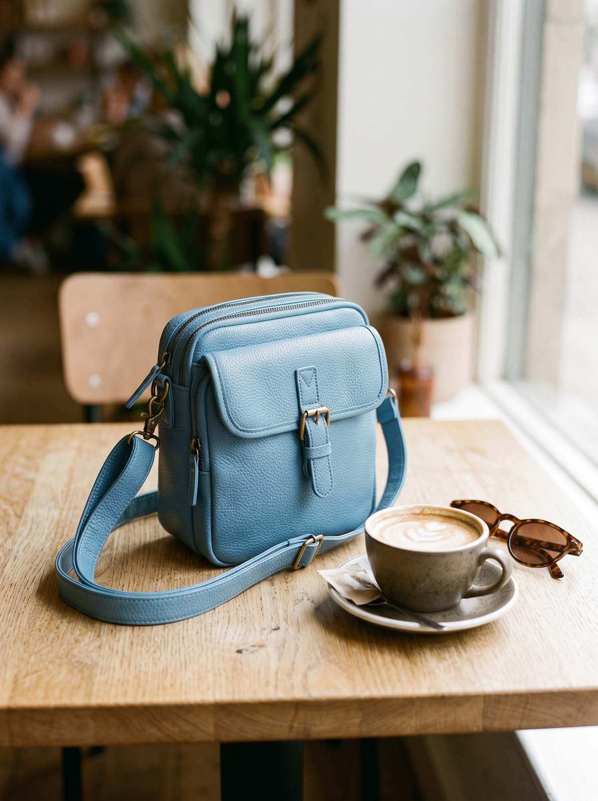 De Ruimste Crossbodytas, lichtblauw, op tafel