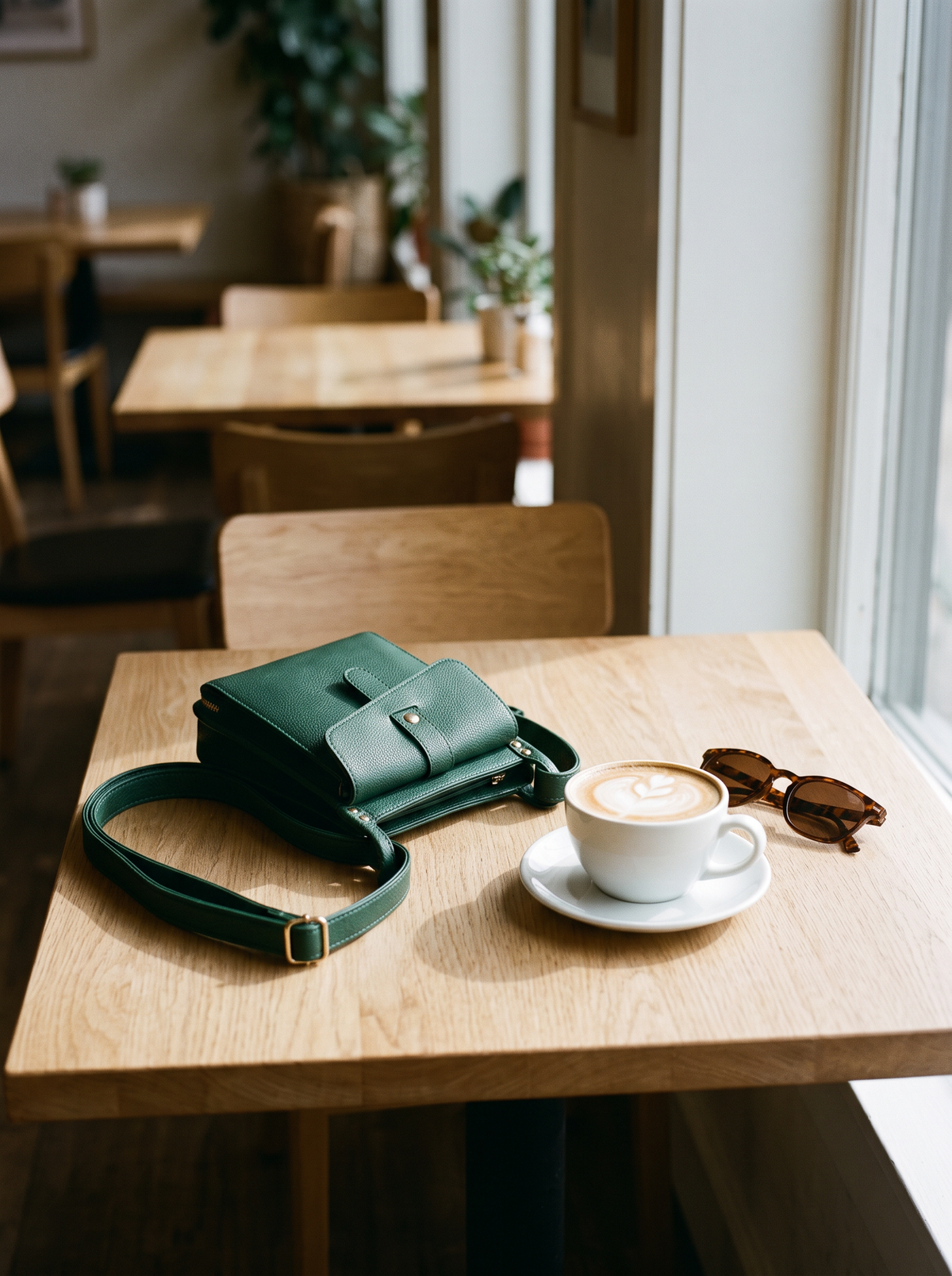 Athena Crossbody Tas, groen, op tafel