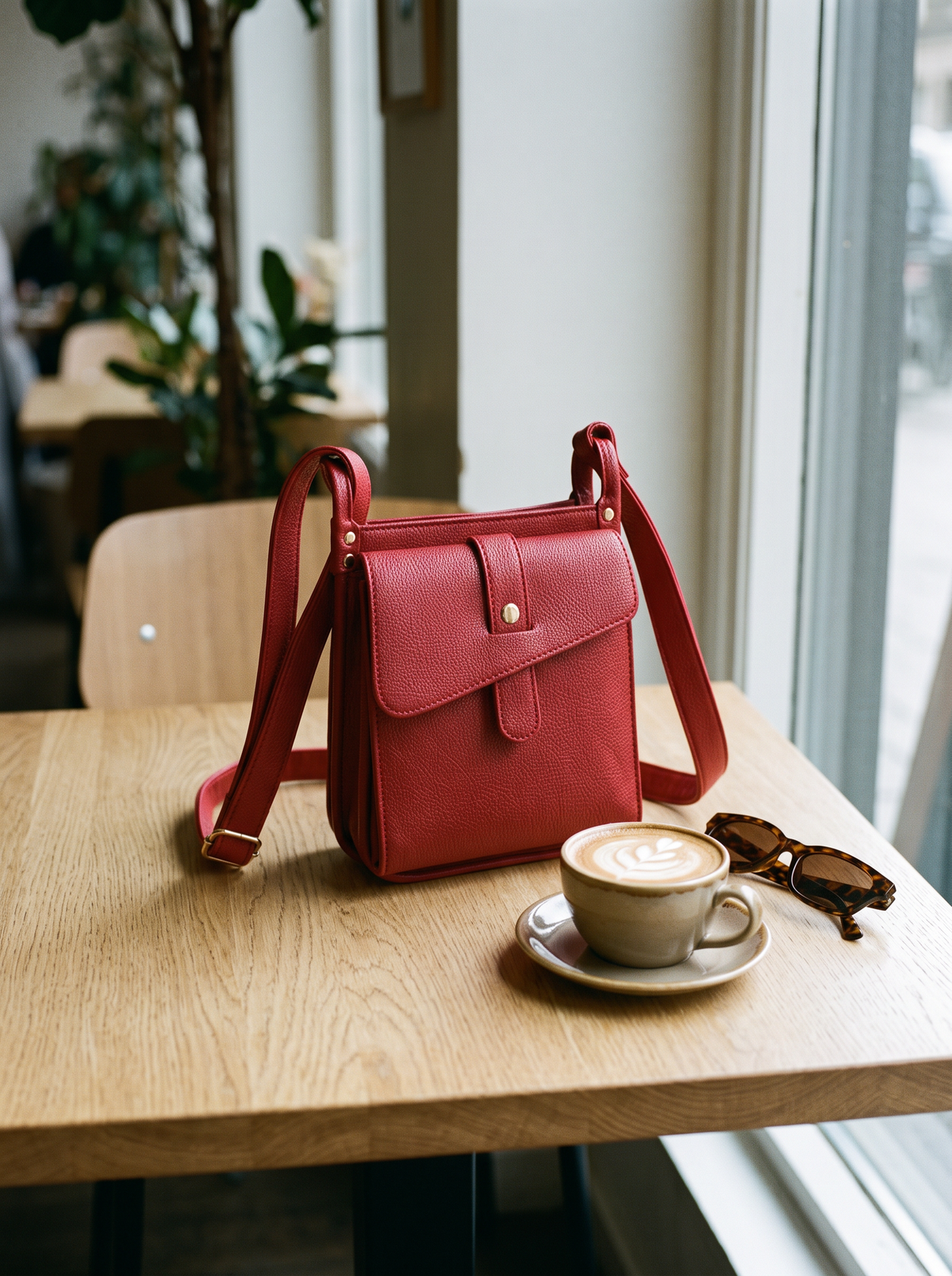 Athena Crossbody Tas, rood, op tafel