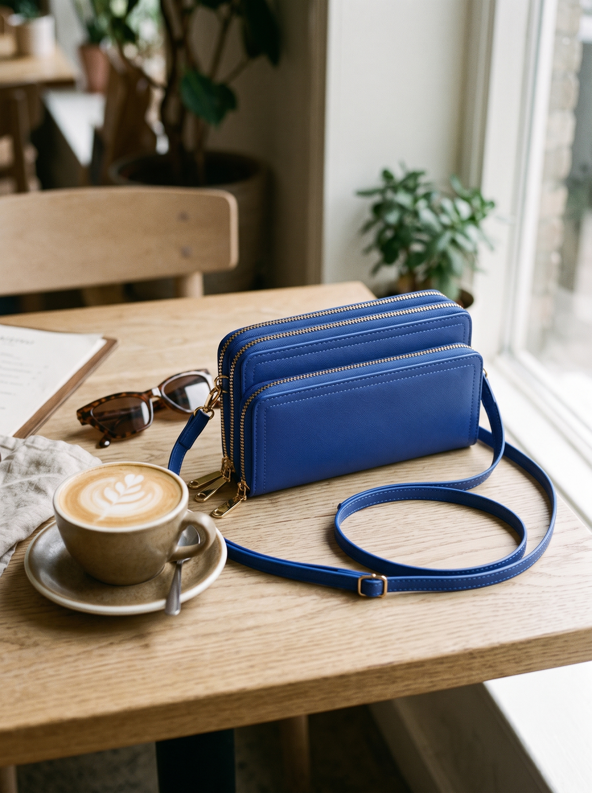 Bali Crossbody Portemonnee, blauw, op tafel