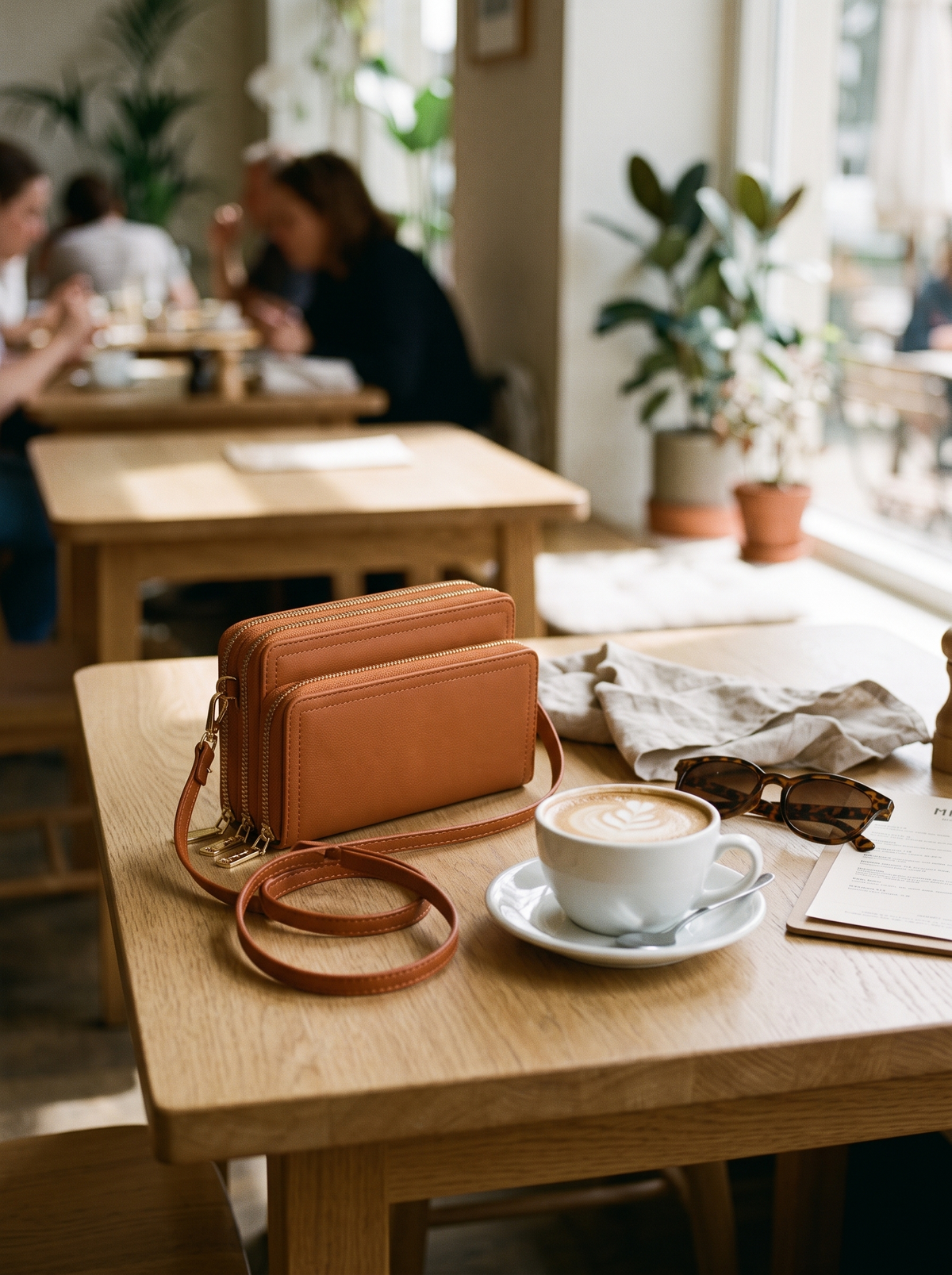 Bali Crossbody Portemonnee, cognac, op tafel
