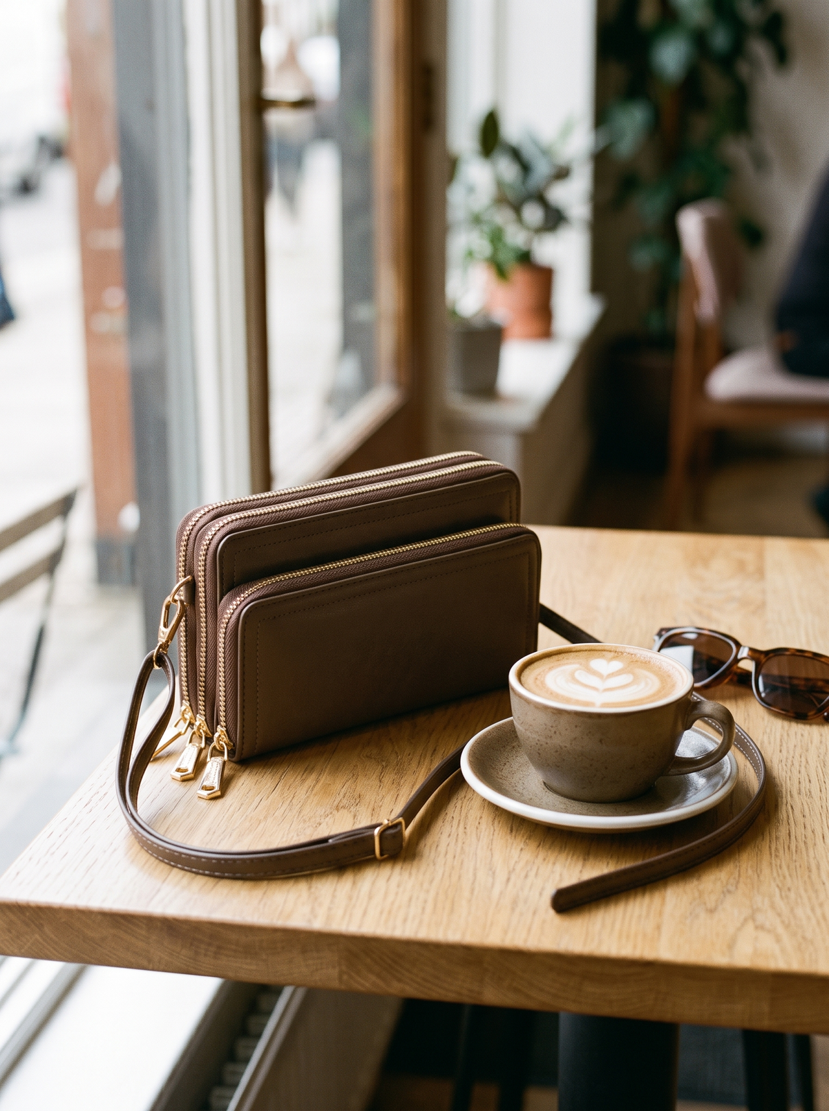 Bali Crossbody Portemonnee, taupe, op tafel