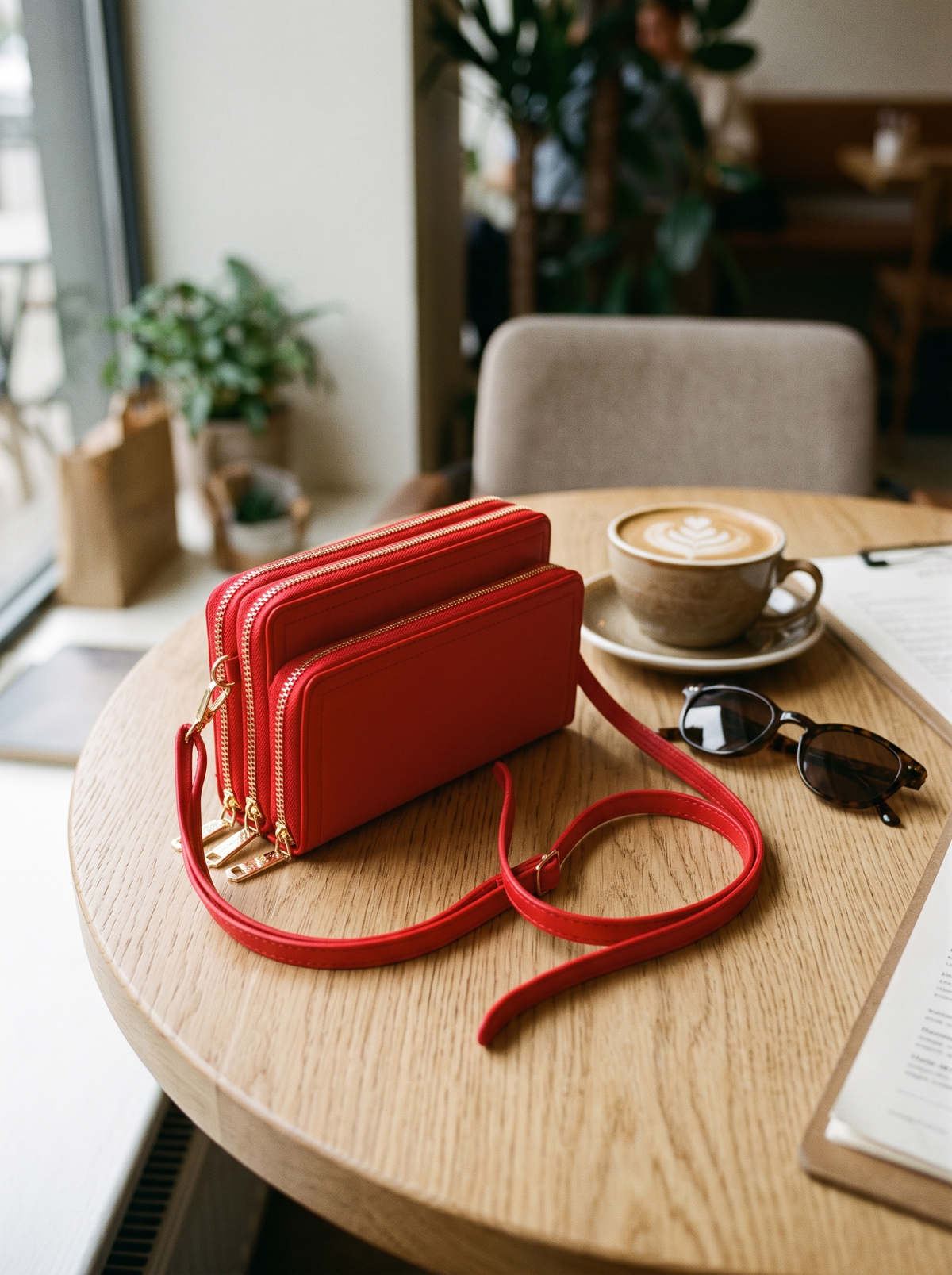 Bali Crossbody Portemonnee, rood, op tafel