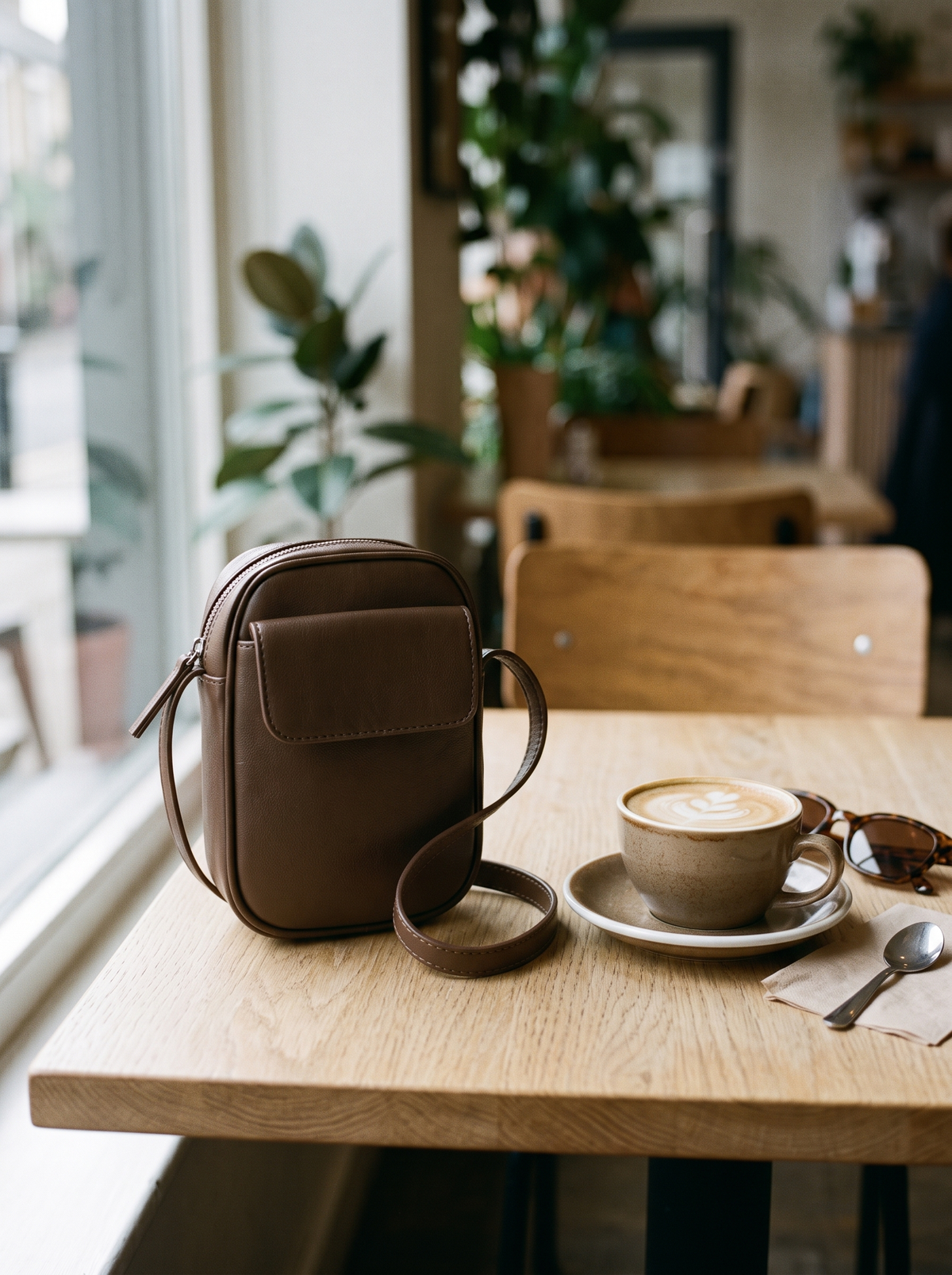Aphrodite Crossbody Tas, koffiebruin, op tafel