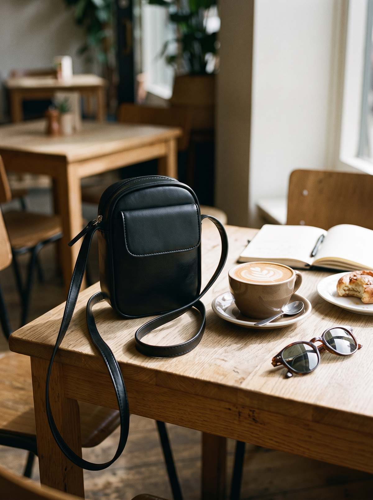 Aphrodite Crossbody Tas, zwart, op tafel
