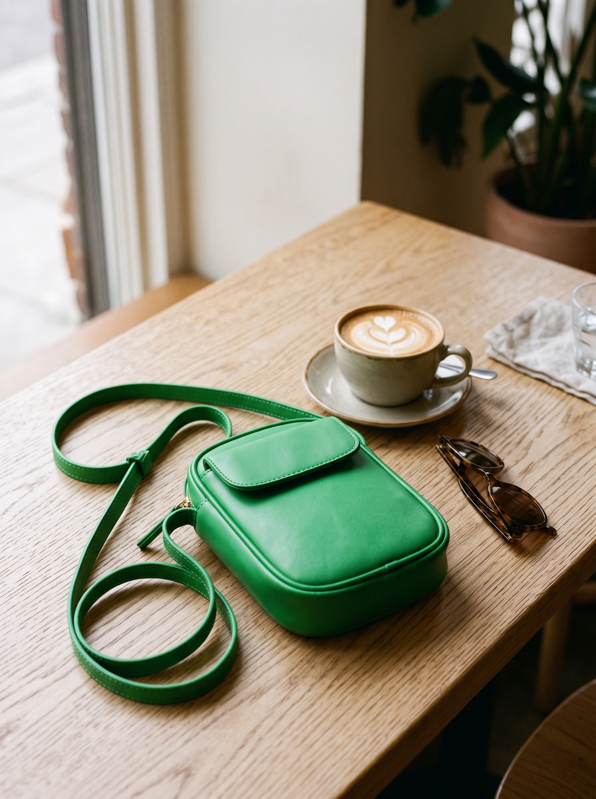 Aphrodite Crossbody Tas, groen, op tafel
