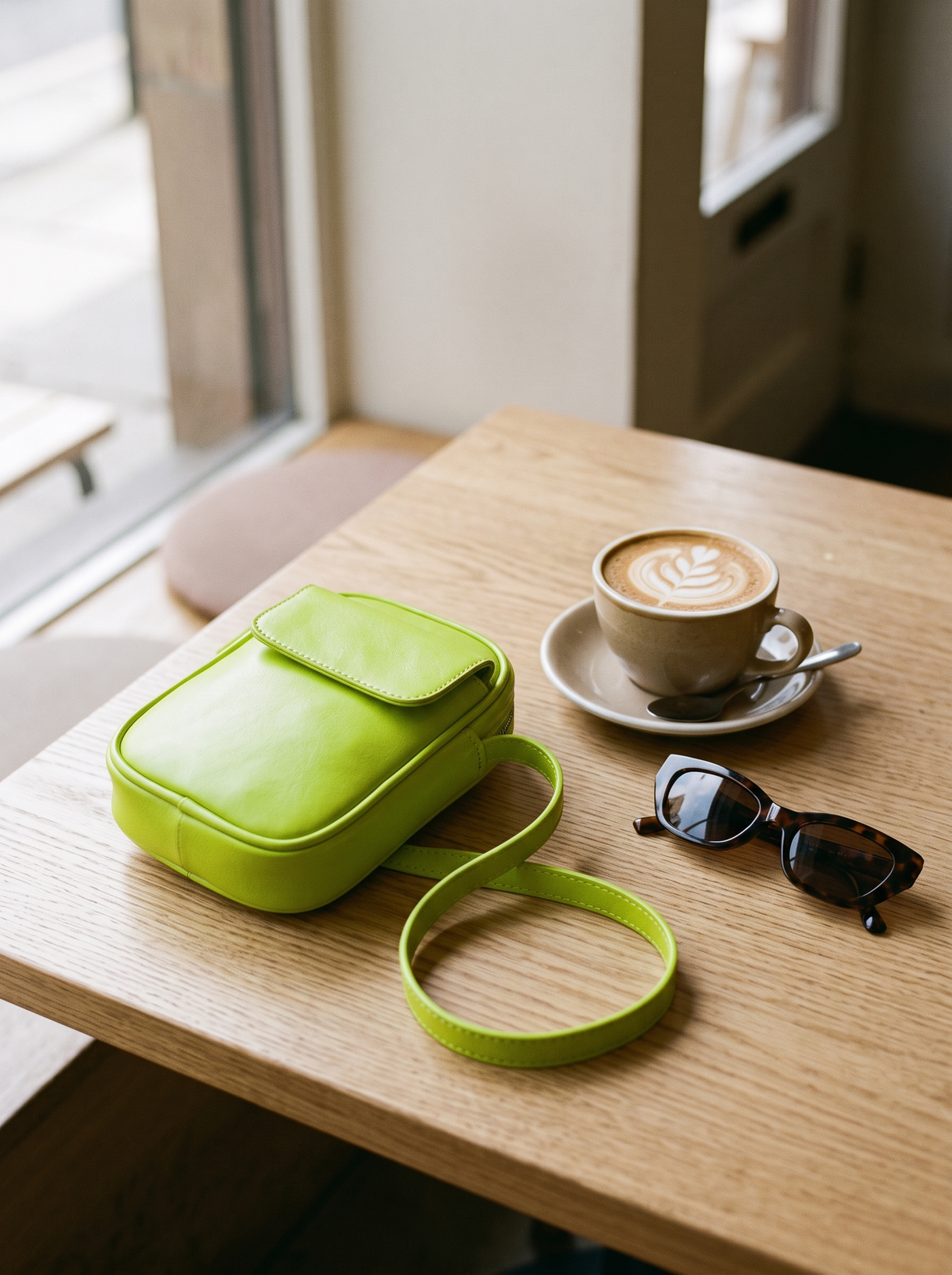 Aphrodite Crossbody Tas, limoengeel, op tafel