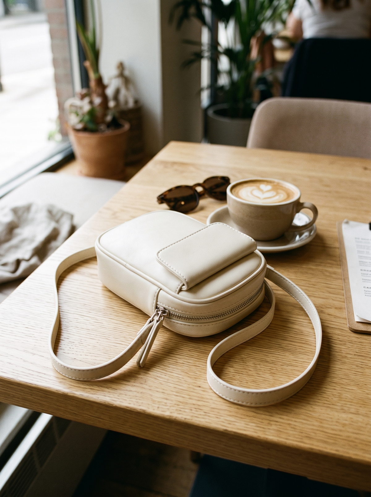 Aphrodite Crossbody Tas, wit, op tafel