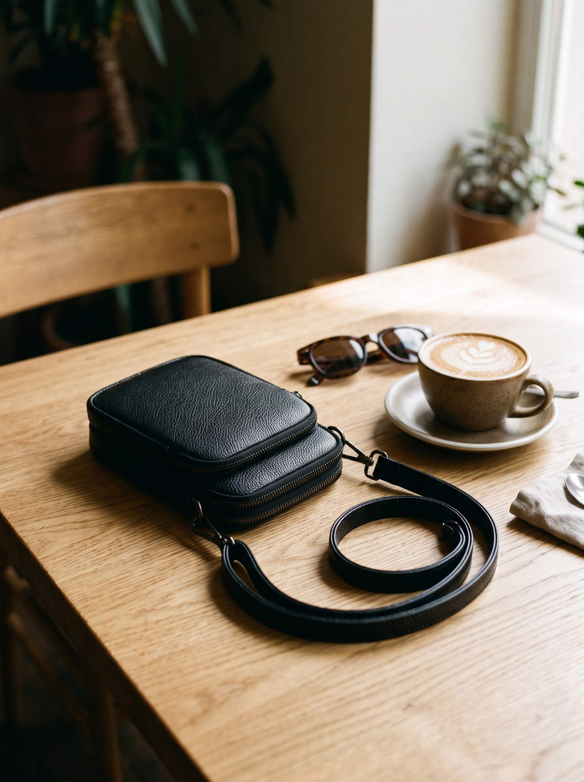 Hebe Crossbody Tas, zwart, op tafel