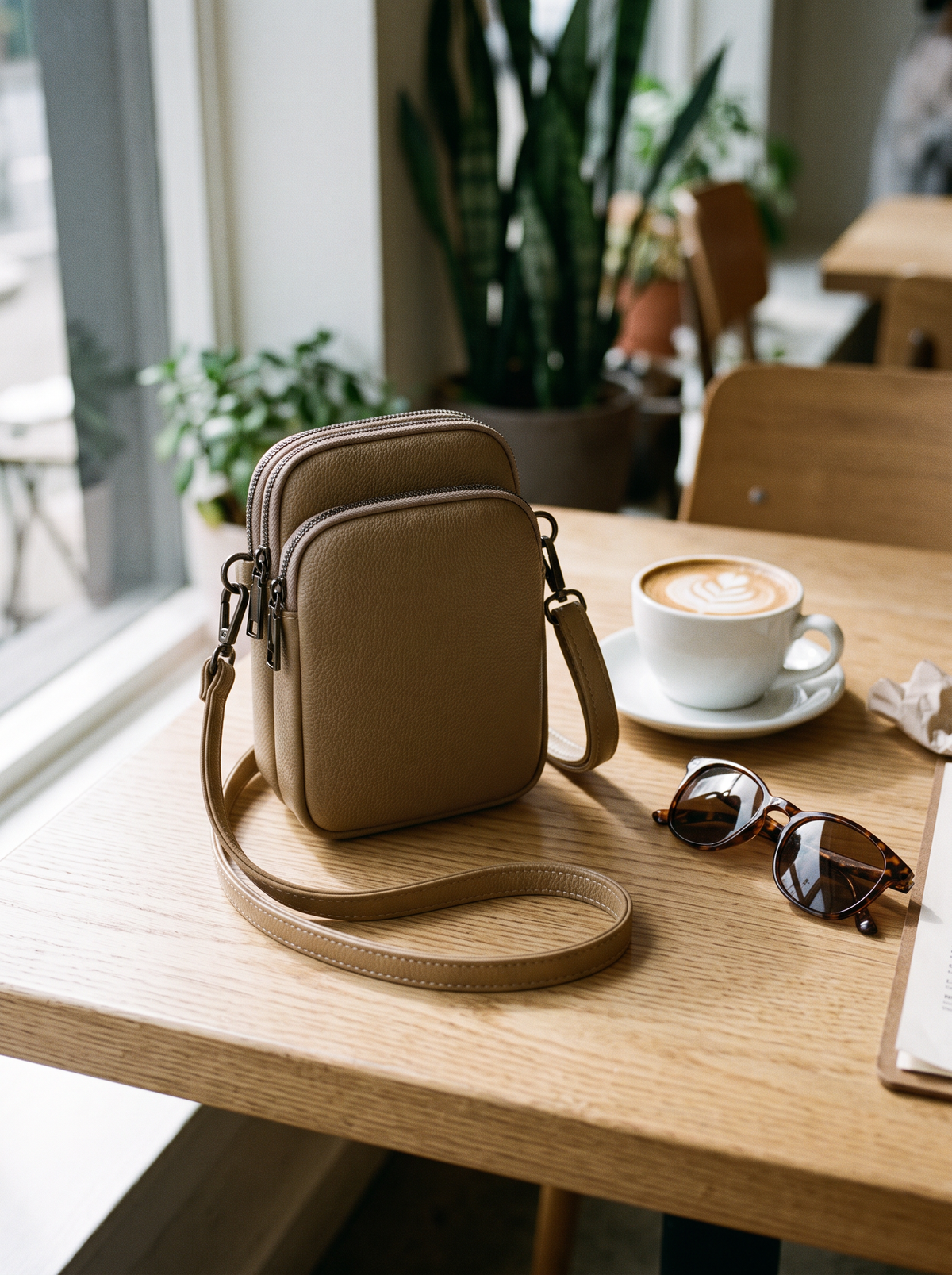 Hebe Crossbody Tas, kaki, op tafel