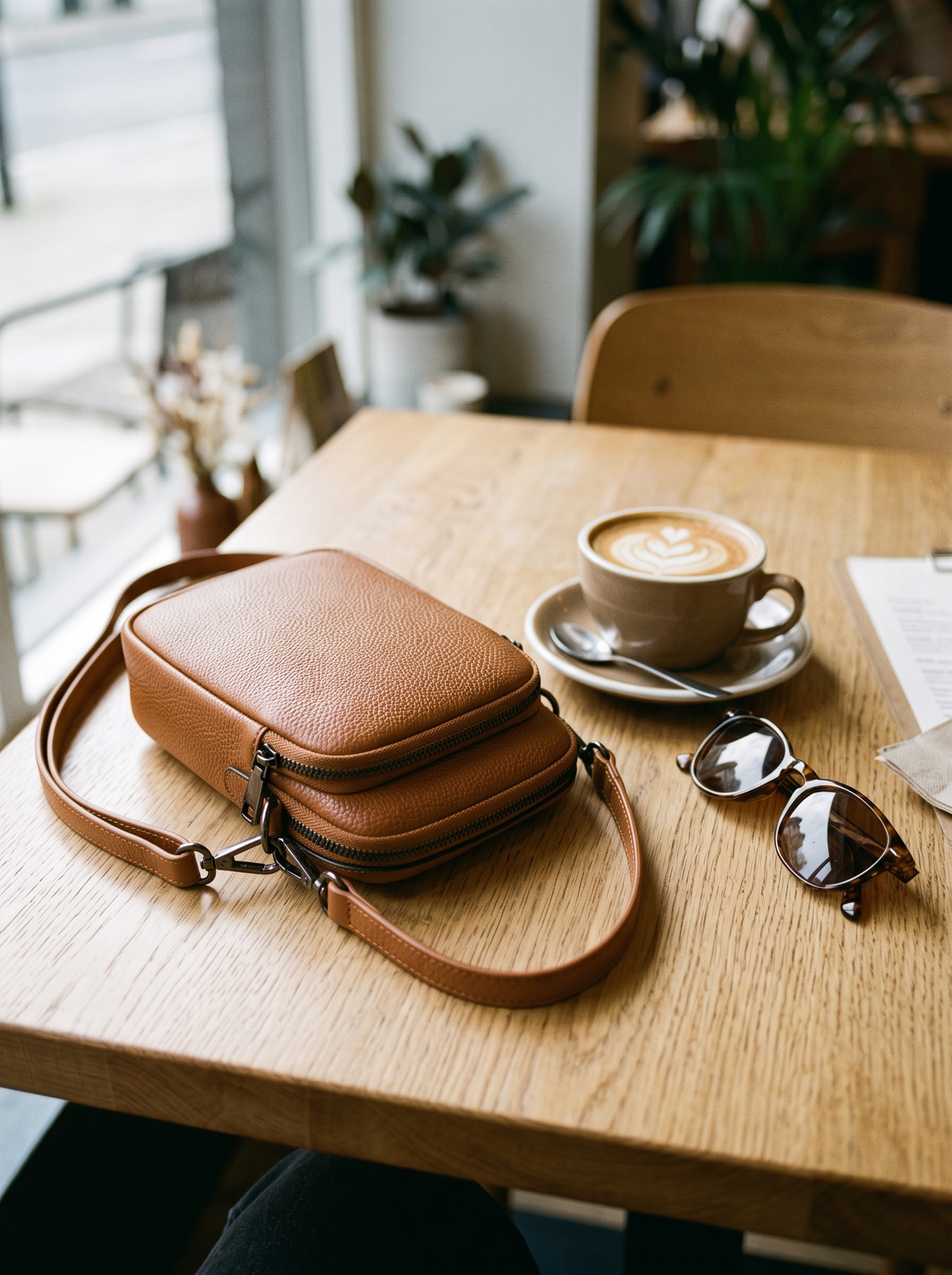 Hebe Crossbody Tas, cognac, op tafel
