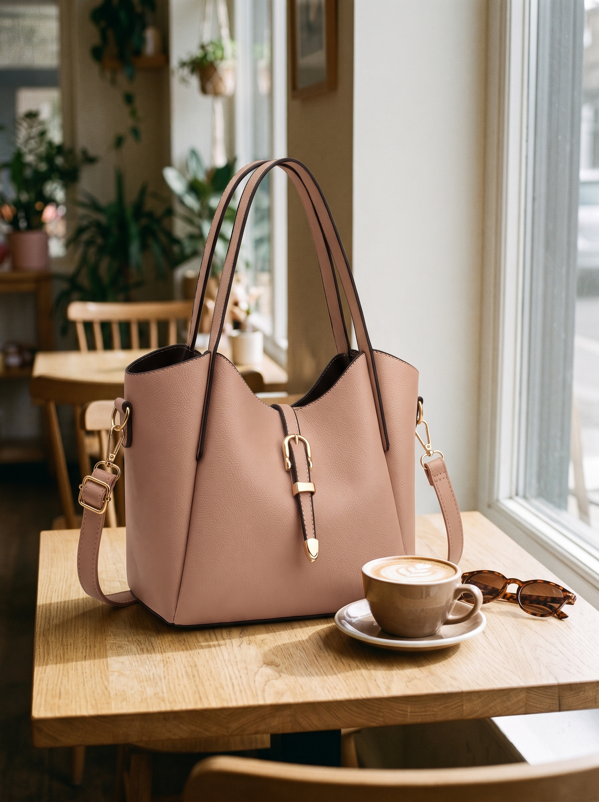 Hera Tote Bag Set (3-delig), oudroze, op tafel
