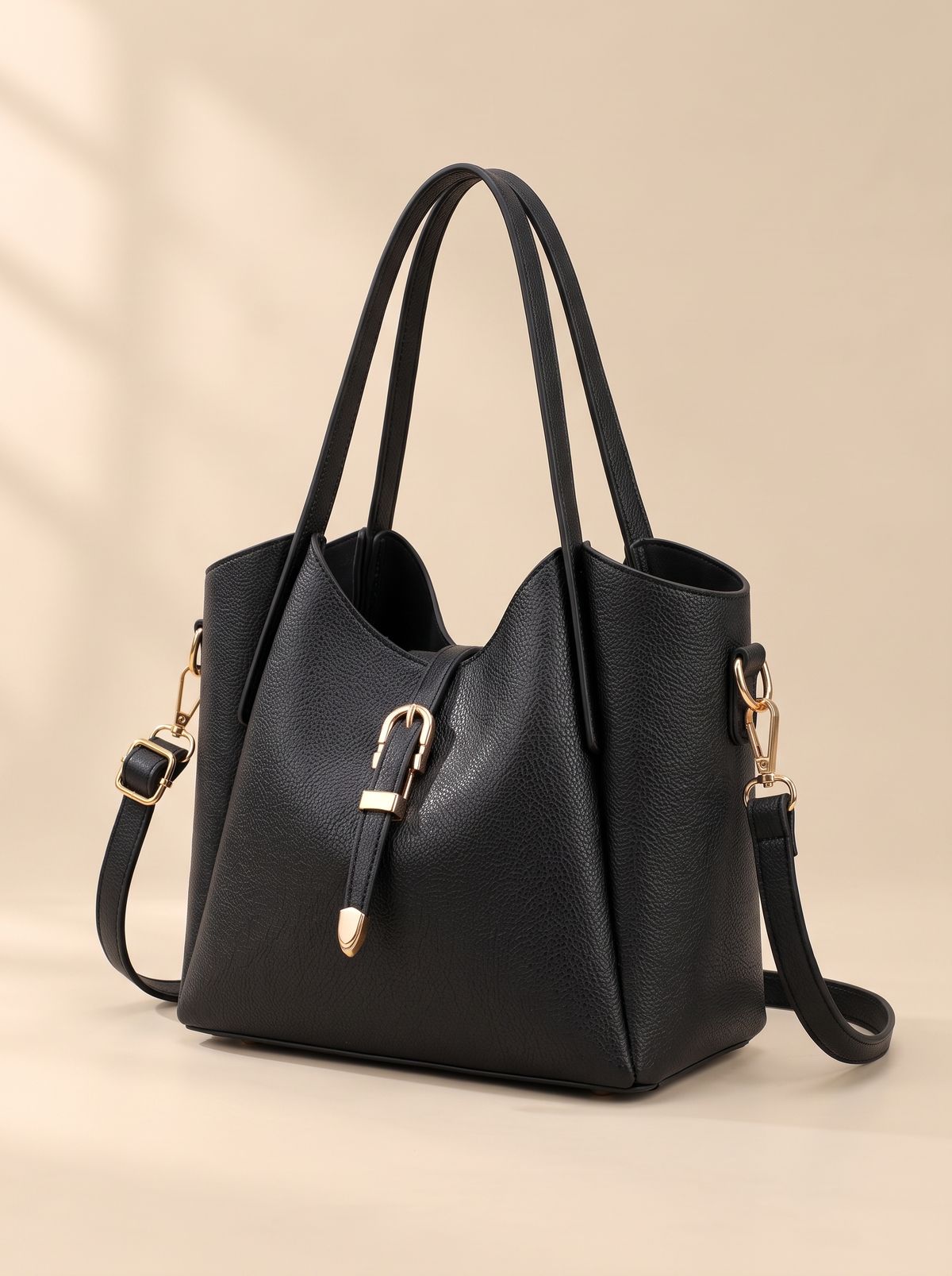 Hera Tote Bag Set (3-delig), zwart, schuin van voren