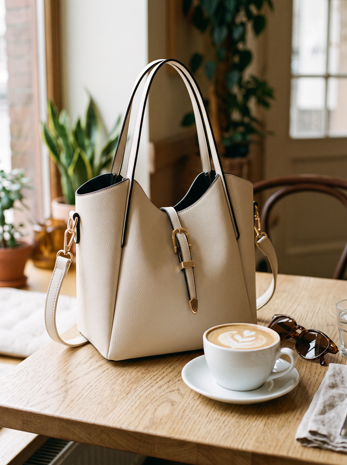 Hera Tote Bag Set (3-delig), crème, op tafel