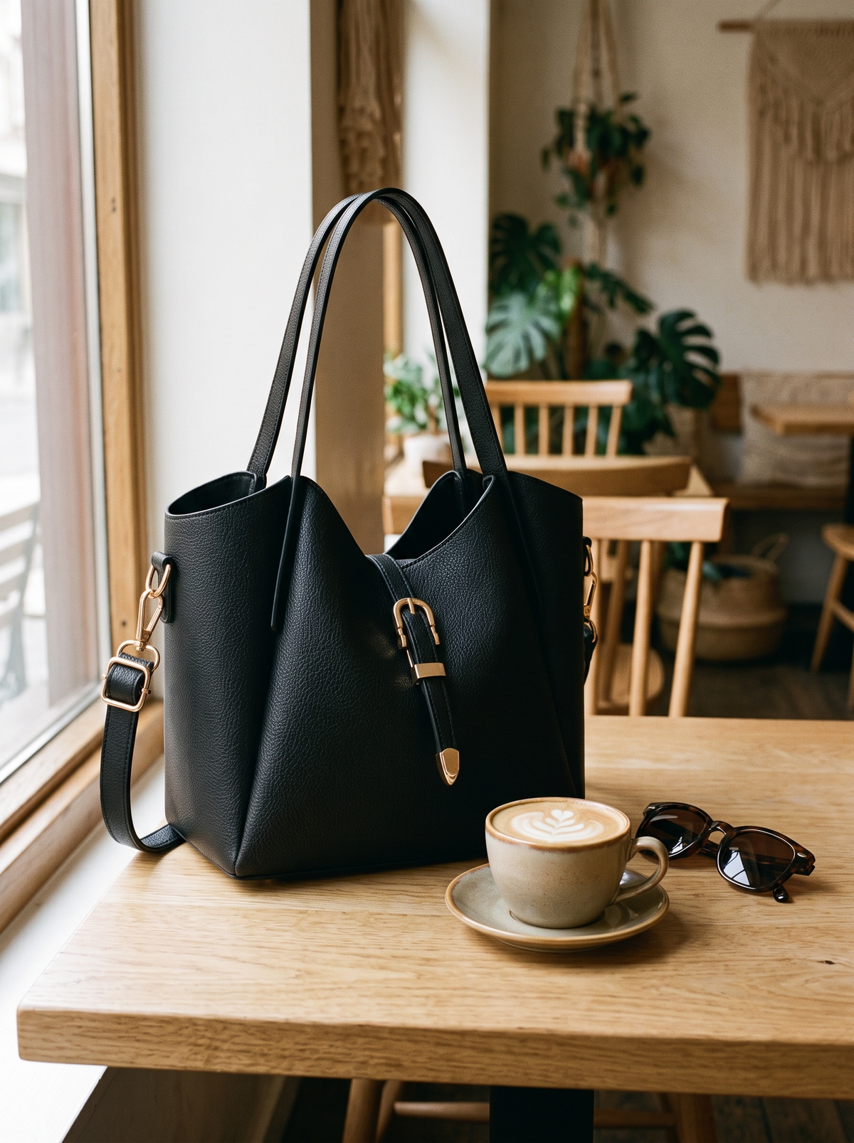 Hera Tote Bag Set (3-delig), zwart, op tafel
